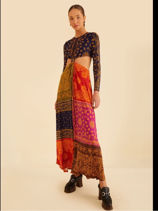 FARM Rio Dresses & Skirts - FARM Rio Patchwork Bandana Dream Cut Out Maxi Dress Navy, Brown